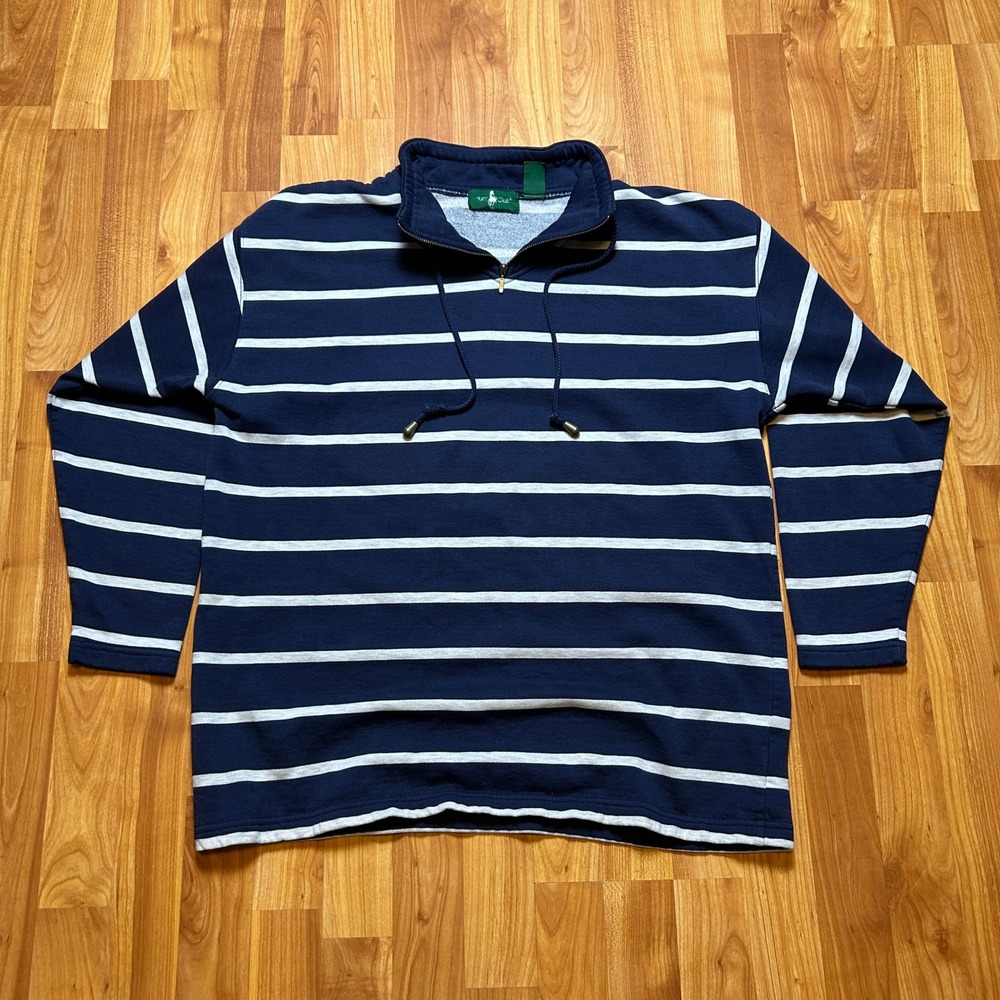 Vintage 90s Hunt Club Mens Quarter Zip Fleece Large Navy Blue Stripe